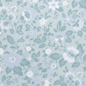 Kesäinen kukkatapetti vaaleanvihreän ja harmahtavan vaaleansinisen sävyillä.